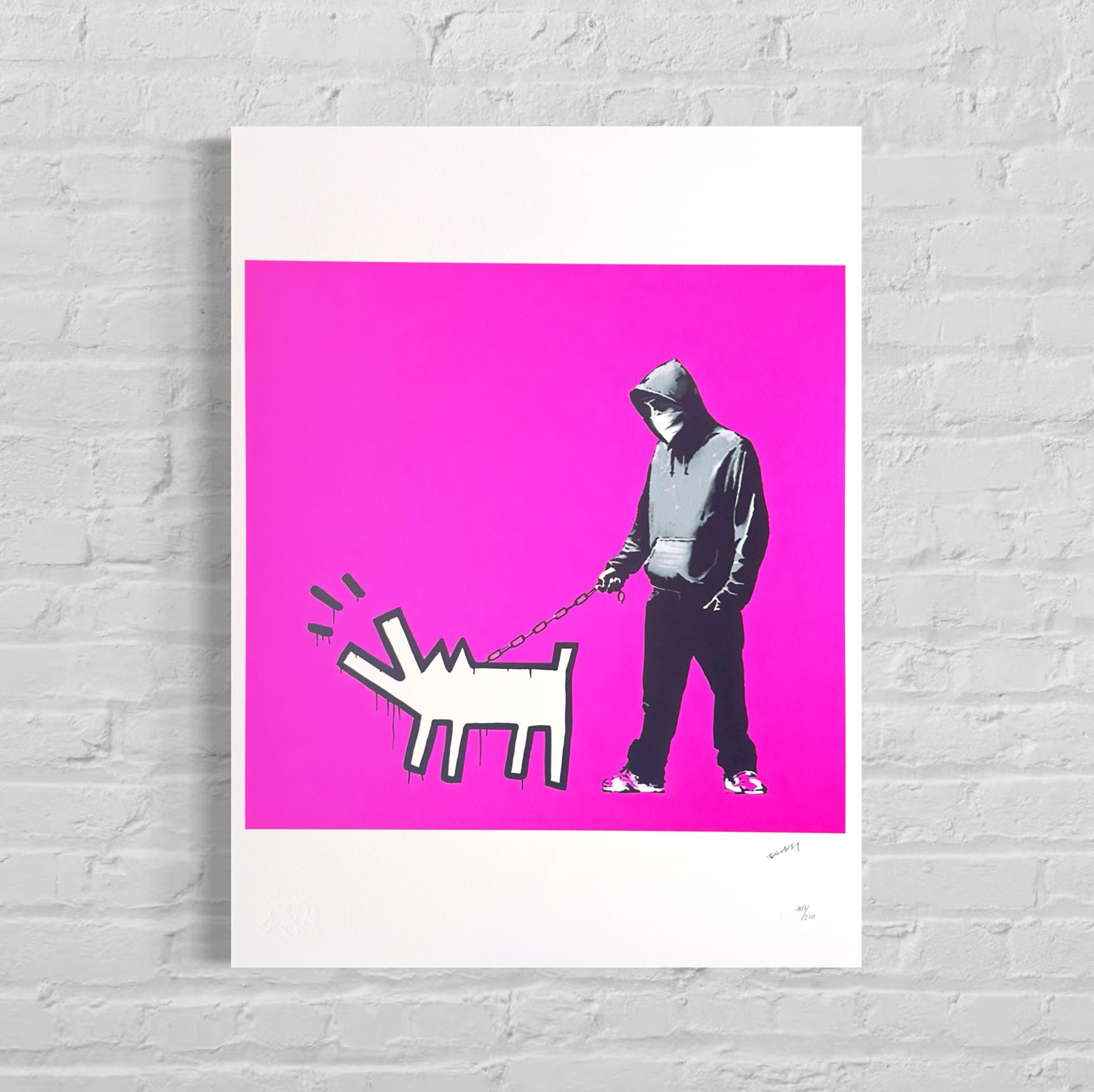 Genummerde editie BANKSY Barking dog (lichtpaars) Gesigneerd - certificaat - Wall Art, Grafitti Art, Lithograph, Stencil Art